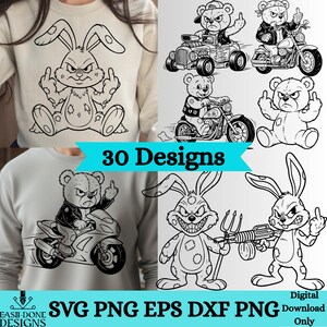 Könnte beinhalten: Eine Sammlung digitaler Designs mit frechen Cartoon-Charakteren. Die Designs zeigen ein Kaninchen und einen Teddybären, die beide aggressive Gesten zeigen. Das Bild enthält den Text "30 Designs" und "SVG PNG EPS DXF PNG".