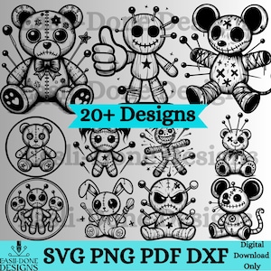 Bundle de fichiers PNG SVG poupée vaudou, svg vaudou ours en peluche, lapin poupée vaudou svg, svg sorcière, clipart poupée vaudou, gravure laser coupe Cricut