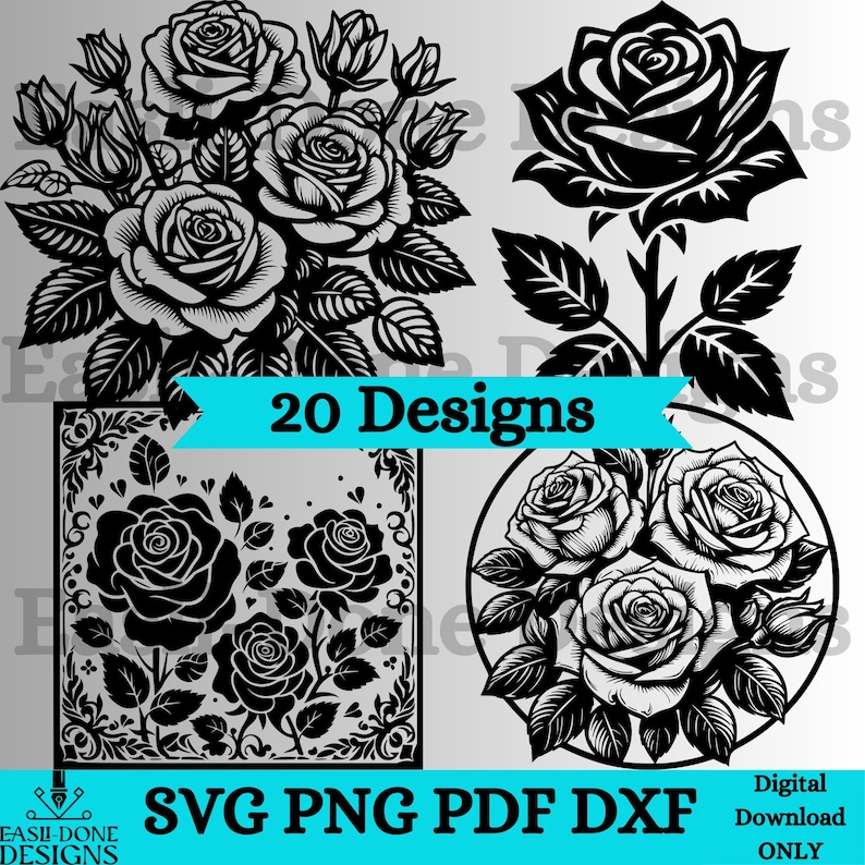 Rose Floral SVG Bundle: Silhouette Outline Clipart (digital Download ...