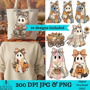 Patchwork-Geister-PNG-Bundle | Niedliche Halloween-Geister-Cliparts | 24 Boho-Herbst-Sublimationsdesigns | Herbstgeist-PNG | 300 dpi Digitaler Download