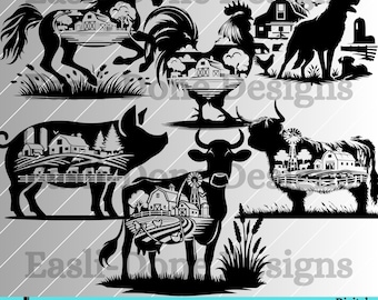 Farm Animal Silhouette SVG Bundle: Barnyard Clipart (Digital Download)