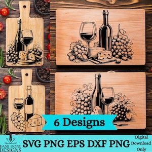 Op de afbeelding: Houten snijplanken met wijn-thema ontwerpen. Elke plank toont een fles wijn, een wijnglas, druiven en kaas. De afbeelding bevat ook de tekst "6 Designs" en bestandstype opties: SVG, PNG, EPS en DXF.