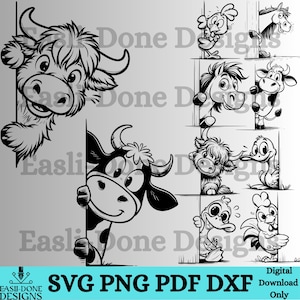 Op de afbeelding: Digitale download van zwart-wit cartoon dierenontwerpen in SVG-, PNG-, PDF- en DXF-formaten. Bevat een koe, stier, paard, eend, kip en andere boerderijdieren. De tekst "Easli-Done Designs" en "SVG PNG PDF DXF" zijn zichtbaar.