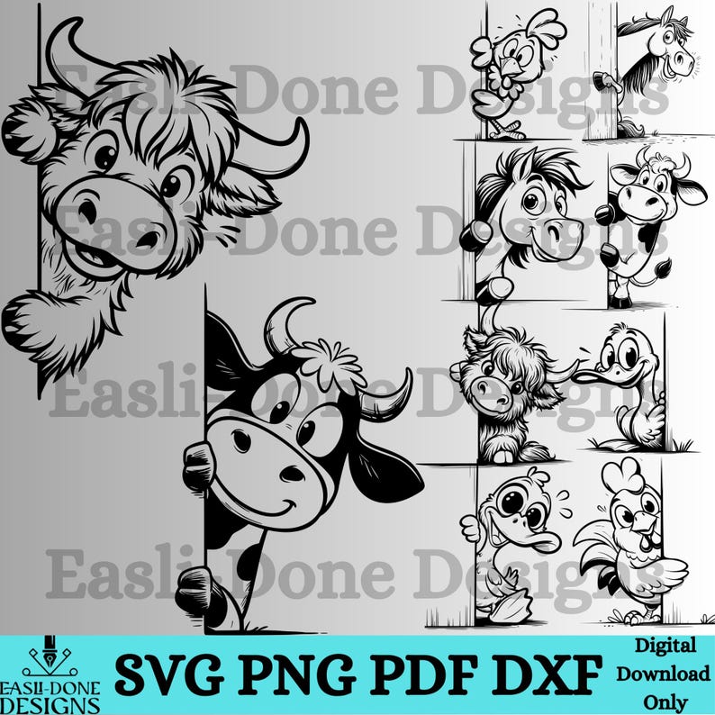 Op de afbeelding: Digitale download van zwart-wit cartoon dierenontwerpen in SVG-, PNG-, PDF- en DXF-formaten. Bevat een koe, stier, paard, eend, kip en andere boerderijdieren. De tekst "Easli-Done Designs" en "SVG PNG PDF DXF" zijn zichtbaar.