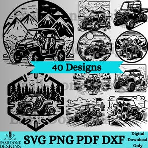 Op de afbeelding: Een set van 40 digitale ontwerpen met zwart-wit illustraties van terreinwagens in verschillende omgevingen. De ontwerpen omvatten berglandschappen, bossen en woestijnlandschappen. De tekst "40 Designs" wordt in het midden van de afbeelding weergegeven.