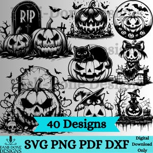 Può includere: Design digitali in bianco e nero a tema Halloween, con zucche, pipistrelli e gatti. L'immagine include il testo "40 Designs" e le opzioni di tipo di file: SVG, PNG, PDF e DXF. Solo download digitale.