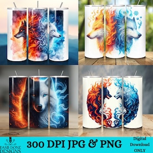 May include: White stainless steel tumblers with various wolf designs. The designs feature wolves with fiery and icy elements, in shades of red, orange, blue, and white. Each tumbler includes a silver straw. The text "300 DPI JPG & PNG" is visible.