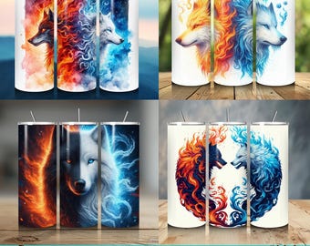 Wolf Tumbler Wrap: Fire and Ice Design (PNG JPG Digital Download)