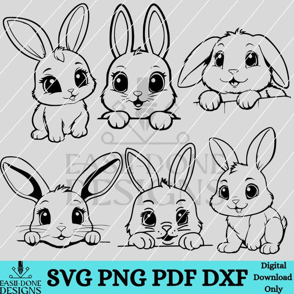 Osterhase SVG Schnittdatei und PNG Sublimationspaket für Handwerker Süßes Kawaii spähendes Häschen Umriss Clipart Kaninchengesicht Tasche SVG-Design