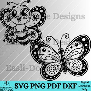 May include: Two black and white butterfly illustrations. One butterfly has large eyes and a bee-like body. The other butterfly has a more intricate design with swirls and dots.