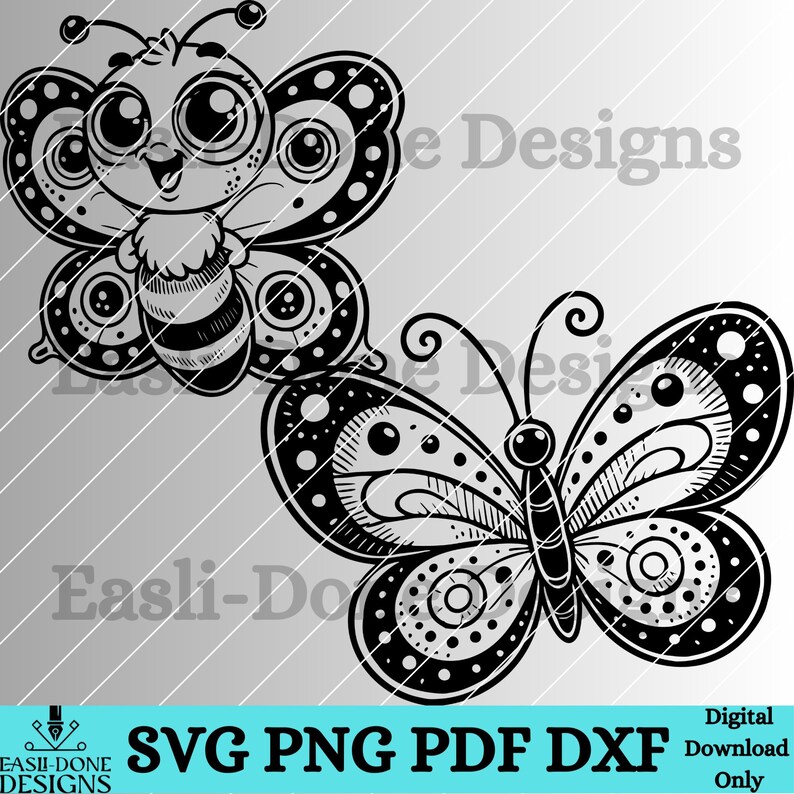 May include: Two black and white butterfly illustrations. One butterfly has large eyes and a bee-like body. The other butterfly has a more intricate design with swirls and dots.