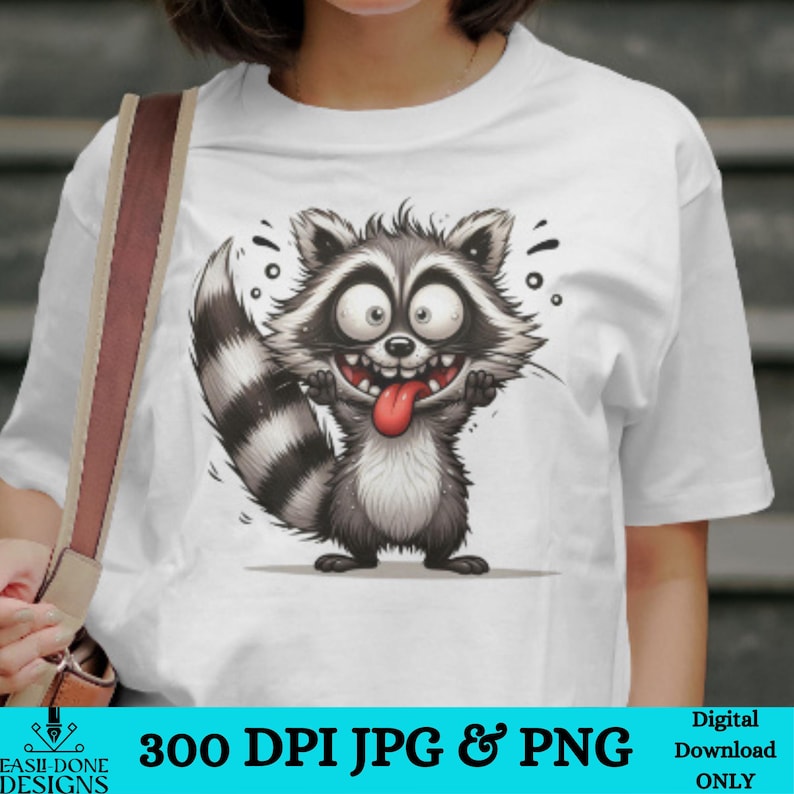 May include: White t-shirt with a cartoon raccoon with a long tongue sticking out. The raccoon has black and white stripes on its tail and is wearing a mischievous expression. The text "300 DPI JPG & PNG" is at the bottom of the image.