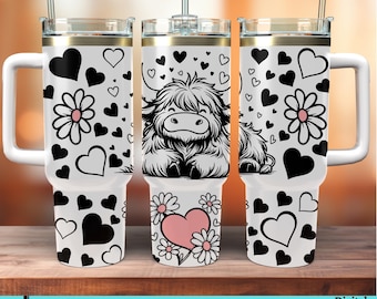 Highland Cow Daisy Hearts 40 oz Tumbler Cup Wrap SVG Cut Files PNG Files for Sublimation Laser File farm animal 40oz tumbler svg png dxf pdf