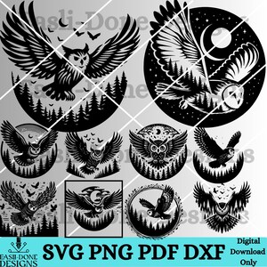 K&ouml;nnte beinhalten: Set mit 10 schwarzen und wei&szlig;en Eulen-SVG-Schneidedateien. Jedes Design zeigt eine Eule mit filigranen Details und verschiedenen Posen. Die Eulen sind von B&auml;umen und anderen Naturelementen umgeben. Die Designs sind perfekt zum Erstellen von Bastelarbeiten, Wohnaccessoires und vielem mehr.