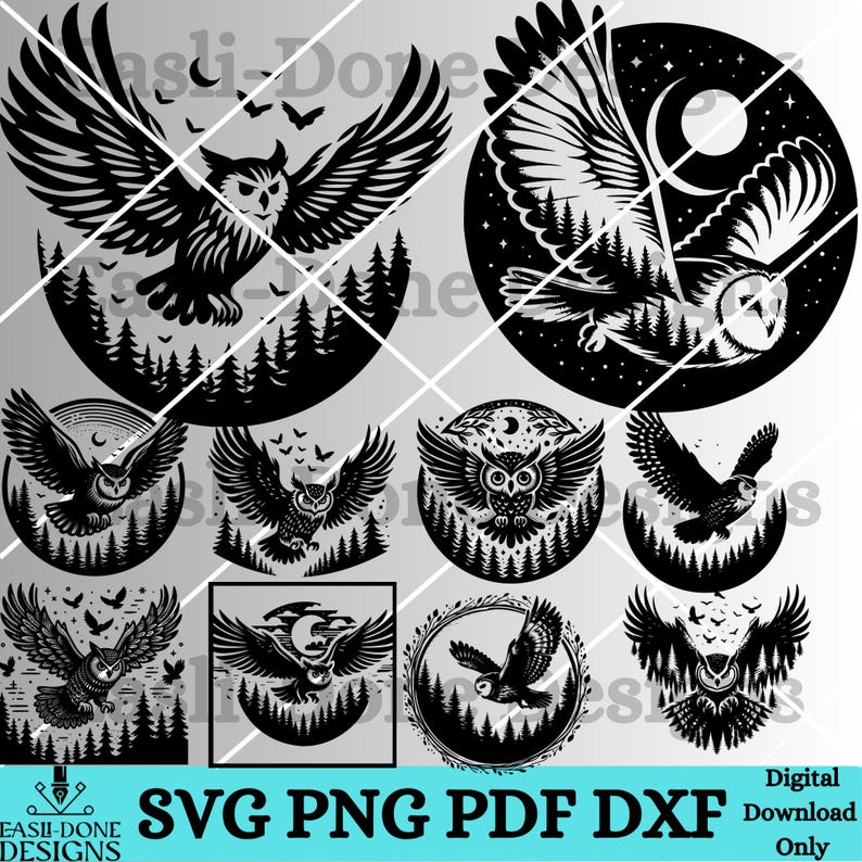 K&ouml;nnte beinhalten: Set mit 10 schwarzen und wei&szlig;en Eulen-SVG-Schneidedateien. Jedes Design zeigt eine Eule mit filigranen Details und verschiedenen Posen. Die Eulen sind von B&auml;umen und anderen Naturelementen umgeben. Die Designs sind perfekt zum Erstellen von Bastelarbeiten, Wohnaccessoires und vielem mehr.