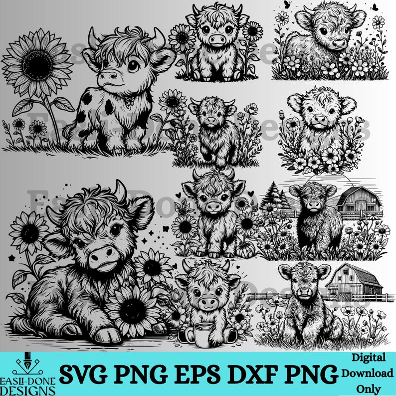 May include: A collection of black and white digital illustrations featuring Highland cows, set amongst sunflowers and other floral elements. The cows are depicted in different positions. The image includes the text "SVG PNG EPS DXF PNG" and "Digital Download Only."