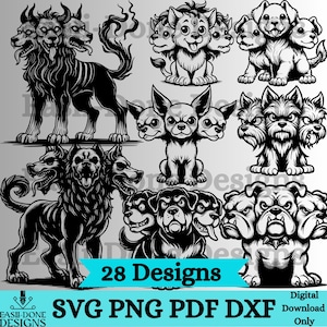 May include: Black and white digital designs featuring various three-headed dog illustrations. The collection includes different breeds and styles, with the text "28 Designs" and file type options: SVG, PNG, PDF, and DXF.