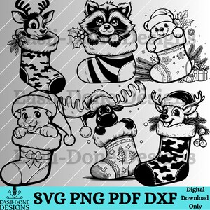 Forest Animal Christmas Stocking Outline Bundle SVG PNG pdf and dxf Files laser and cut digital download Vector clipart sublimation DTF