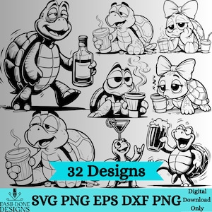 Può includere: Arte digitale in bianco e nero con tartarughe dei cartoni animati in varie pose. Alcune tartarughe tengono tazze di caffè, una bottiglia, un cocktail e una birra. L'immagine include il testo "32 Designs" e le opzioni di tipo di file.