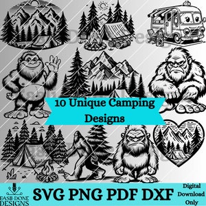 Pacote de Bigfoot e Camping com 10 arquivos SVG PNG pdf dxf Sasquatch clipart designs de pinheiros de montanha arquivos de máquinas de corte e laser svg png