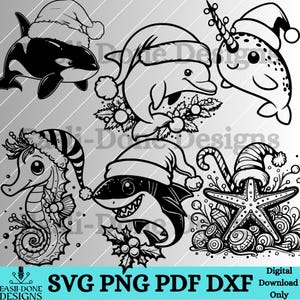 Ocean Sea Life Christmas Outline Bundle SVG PNG pdf and dxf Files laser and cut digital download Vector clipart sublimation DTF narwhale svg