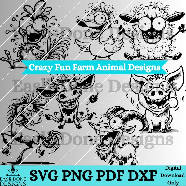 Crazy Fun Farm Animal Outline Bundle svg png pdf and dxf Files Instant Download, Fun Farm Animal clipart, cutter and laser cut file SVG PNG