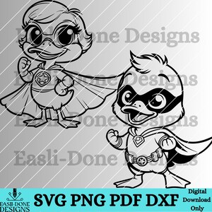 May include: Black and white line art illustration of two cartoon ducks dressed as superheroes. One duck is wearing a cape and a mask, while the other duck is wearing a cape and a star on its chest.