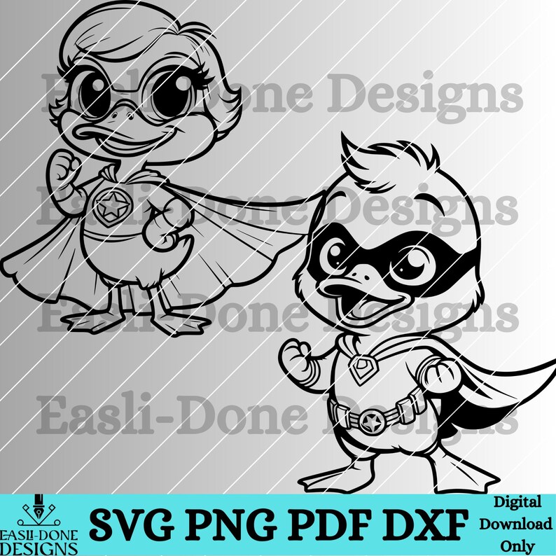 May include: Black and white line art illustration of two cartoon ducks dressed as superheroes. One duck is wearing a cape and a mask, while the other duck is wearing a cape and a star on its chest.