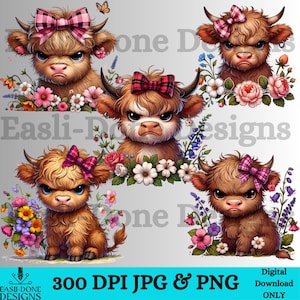 Vaca de las tierras altas gruñona y linda png, vaca loca y linda png, diseño de sublimación DTF PNG, paquete de imágenes prediseñadas digitales para crear imágenes prediseñadas de vaca de las tierras altas enojada