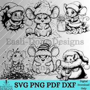 Christmas Mouse outline Digital File Bundle SVG cut vector PNG Sublimation dxf laser pdf file Kawaii Christmas Animal svg Festive cute mouse