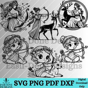 Paquete de contornos de Artemisa de la mitología griega Bebé diosa Artemisa SVG PNG pdf y archivo dxf Descarga instantánea Imágenes prediseñadas de sublimación y grabador láser