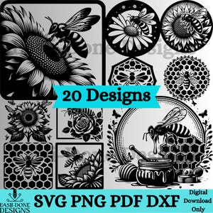 May include: A set of 20 black and white digital designs featuring bees, honeycombs, sunflowers, and roses. The designs are perfect for crafting, scrapbooking, and other creative projects. The text "20 Designs" is displayed in a blue banner.
