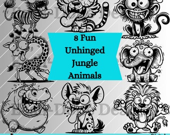 Crazy Fun Jungle Safari Unhinged Animal Outline Bundle SVG PNG pdf and dxf Files Instant Download, Sublimation clipart and laser engraver