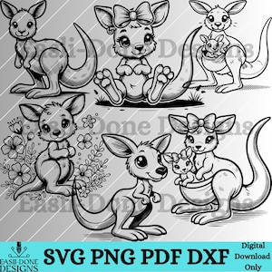Kangaroo Outline Bundle SVG PNG Pdf Dxf Formati di file Vettore Baby Kangaroo Safari animale Clipart ricamo sublimazione laser Cricut file svg