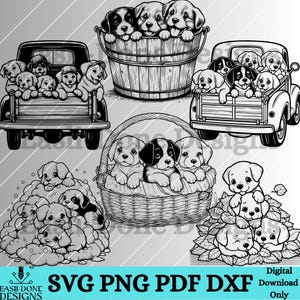 Puppy SVG PNG Bundle Cute Basket puppies svg png pdf dxf cut and laser file Bucket dog outline clipart old truck puppies svg fall winter svg