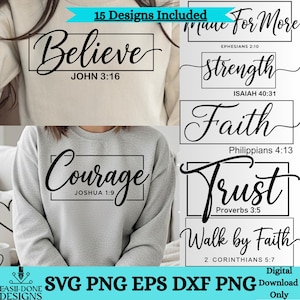 Könnte beinhalten: Eine Sammlung digitaler Grafikdesigns mit schwarzem Schreibschrifttext in rechteckigen Rahmen mit Bibelversen. Die Designs enthalten Phrasen wie Believe, Made For More, strength, Faith, Trust und Walk by Faith, die auf Sweatshirts abgebildet sind.