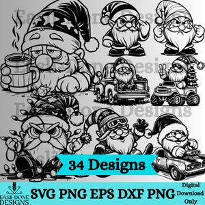 May include: Black and white digital designs featuring various gnomes in different poses. Some gnomes are driving vehicles, holding mugs, or wearing festive hats. The image includes the text "34 Designs" and file type options.