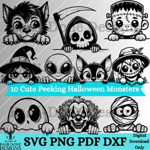 Peeking Halloween Monsters outline Bundle SVG PNG pdf and dxf Files laser and cut digital download Vector clipart Halloween sublimation svg