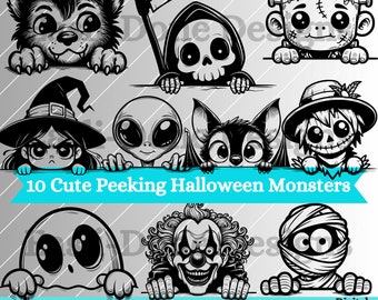Puede incluir: Diez ilustraciones en blanco y negro de lindos monstruos de Halloween asomándose por encima de un cartel. Los monstruos incluyen un hombre lobo, un segador, un Frankenstein, un extraterrestre, un murciélago, un espantapájaros, un fantasma, un payaso y una momia.