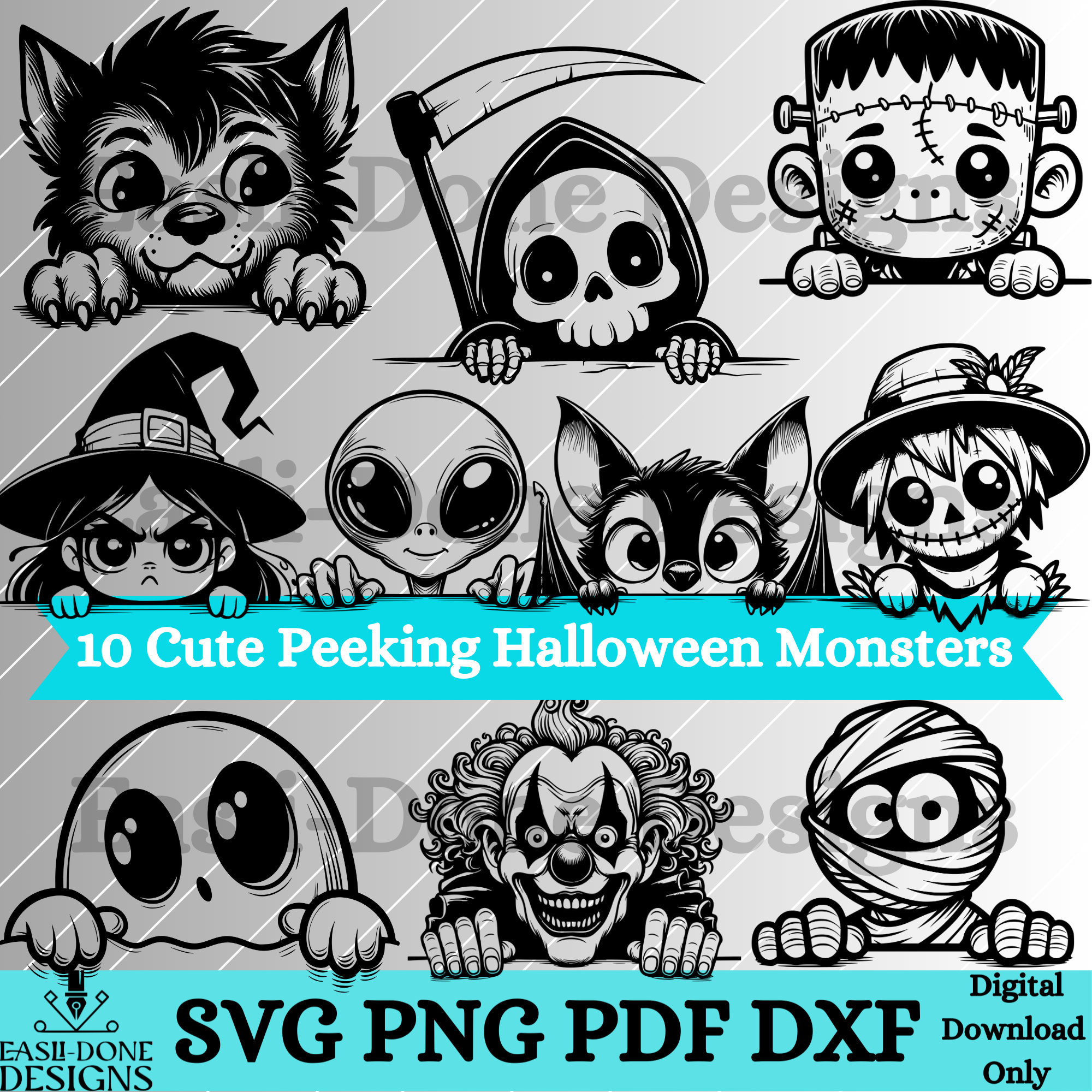 Peeking Halloween Monsters Outline Bundle SVG PNG Pdf and Dxf Files ...