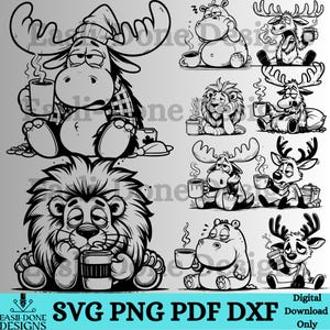May include: Black and white digital illustrations of various animals, including a moose, lion, hippo, and deer, each holding a steaming mug. The animals appear relaxed and cozy, suggesting a theme of comfort and relaxation. The image includes the text "SVG PNG PDF DXF Digital Download Only."