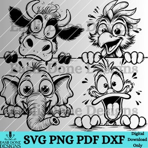 May include: Black and white line art illustration of a cow, elephant, duck, and chicken peeking over a sign. The animals have large eyes and are looking at the viewer. The sign is blank.