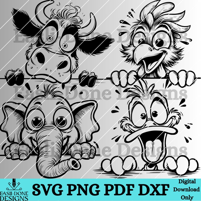 May include: Black and white line art illustration of a cow, elephant, duck, and chicken peeking over a sign. The animals have large eyes and are looking at the viewer. The sign is blank.
