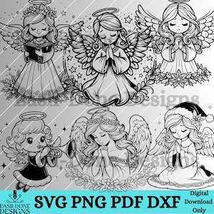 Christmas Angel outline Digital File Bundle SVG cut vector PNG Sublimation dxf laser pdf file Kawaii Christmas Angel wings svg preying angel
