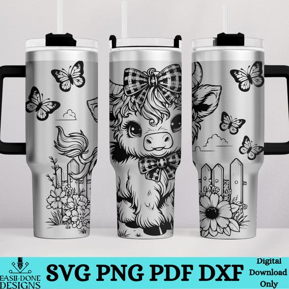 Highland Cow Tumbler Wrap SVG: Floral Butterfly Farm Animal Design