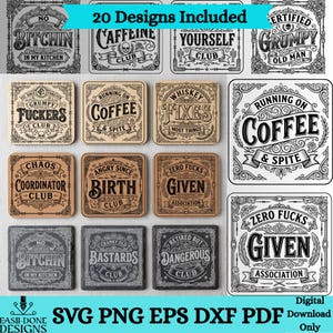 Peut inclure: Une collection de vingt designs graphiques carrés numériques présentant des bordures et une typographie complexes. Les illustrations en noir et blanc incluent des phrases comme No Bitchin In My Kitchen, Caffeine Club, Grumpy Old Man et Running On Coffee & Spite.