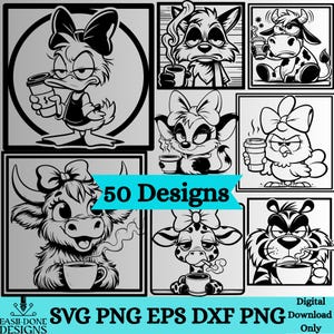 Op de afbeelding: Zwart-wit digitale ontwerpen met cartoon dieren met koffiekopjes. De ontwerpen omvatten een eend, vos, koe, stinkdier, kuiken, giraffe en tijger. Tekst luidt "50 Designs" en "SVG PNG EPS DXF PNG".