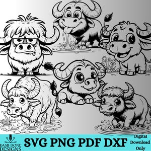 Paquete de contornos de búfalo de agua SVG PNG, PDF y DXF, animal de safari SVG, búfalo de agua kawaii, bordado, sublimación, clipart, calcomanía, grabador láser