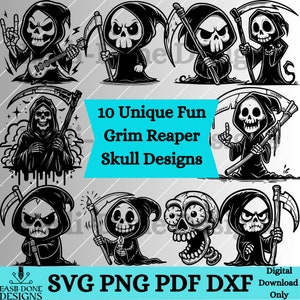 Grim Reaper Skull Designs Instant Download SVG PNG pdf and dxf file Bundle 10 Halloween Grim Reaper cutting, Sublimation and laser files