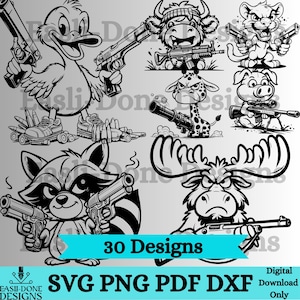 Puede incluir: Un conjunto de 30 ilustraciones digitales en blanco y negro de varios animales sosteniendo armas. Los animales incluyen un pato, un toro, un león, un cerdo, una jirafa, un alce y un mapache. El texto "30 Designs" y "SVG PNG PDF DXF" se muestra en la parte inferior de la imagen.